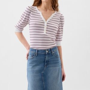 EUC - Fitted Ribbed Stripe Henley Puff Sleeve Top